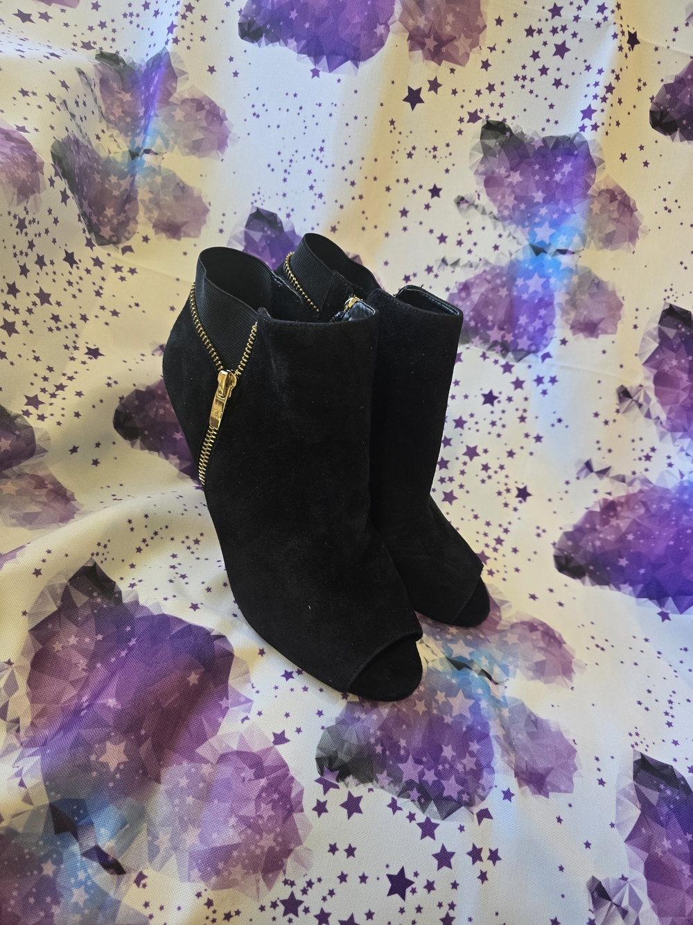 NWT Marc Fisher Serenity Black Suede Peep-Toe Ankle Booties with Gold Zip Accent